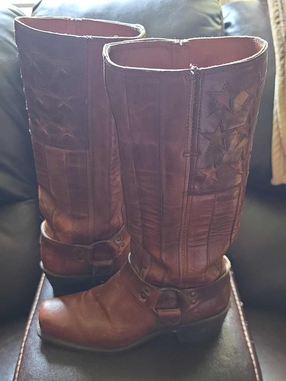 FRYE AND CO. Brown Leather Star-Embroidered Harness Boots